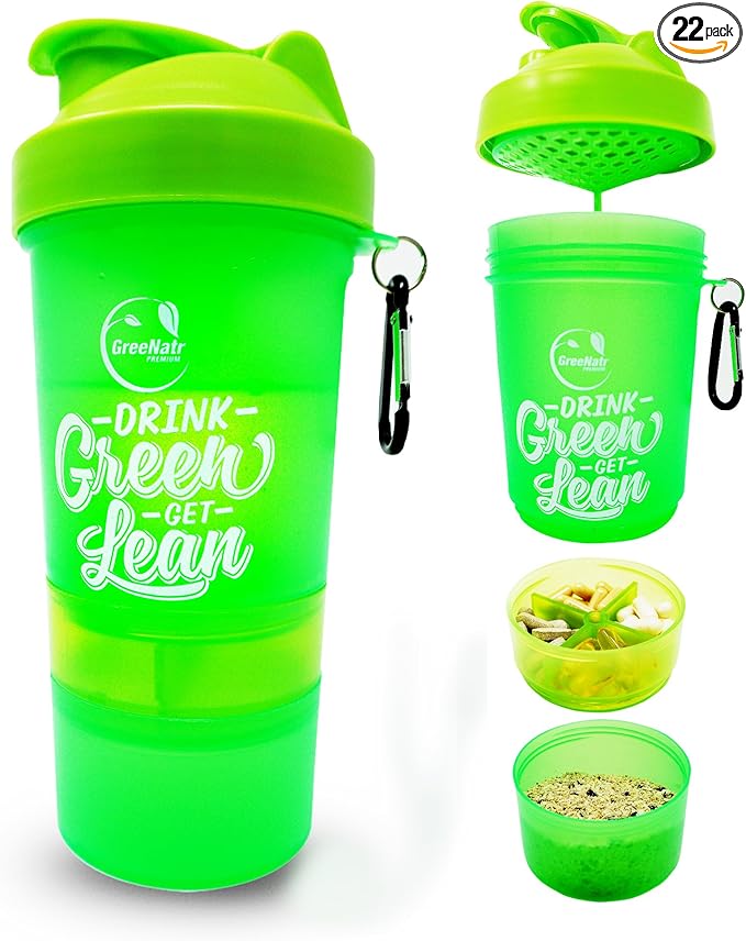 GreeNatr Shaker Bottle with Stackable Compartments - 22 Ounce Bottle + Pill Organizer + 2 Storage Compartments