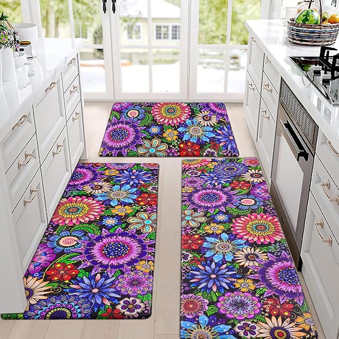 Likiyol Boho Kitchen Rugs, Boho Floral Anti Fatigue Kitchen Mat for Floor, Bohemian Flowers Non Slip Washable Kitchen Floor Mats, Comfort Standing Mat, 18''x30''+18''x48''+18''x60'', Floral