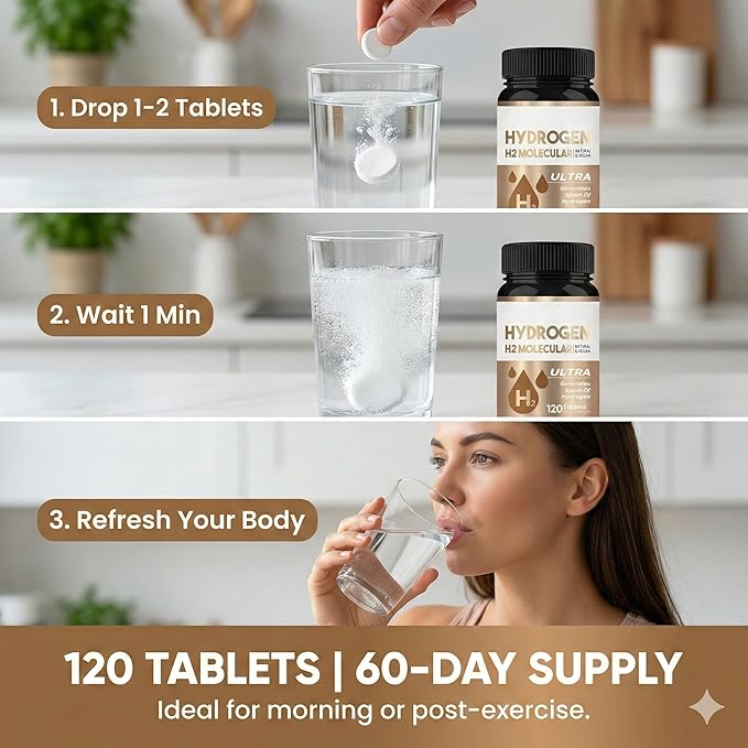 Hydrogen Water Tablets, Molecular Hydrogen Supplement for Cognitive Function & Energy, Create Water with Refreshing Hydration (120 Tablets)