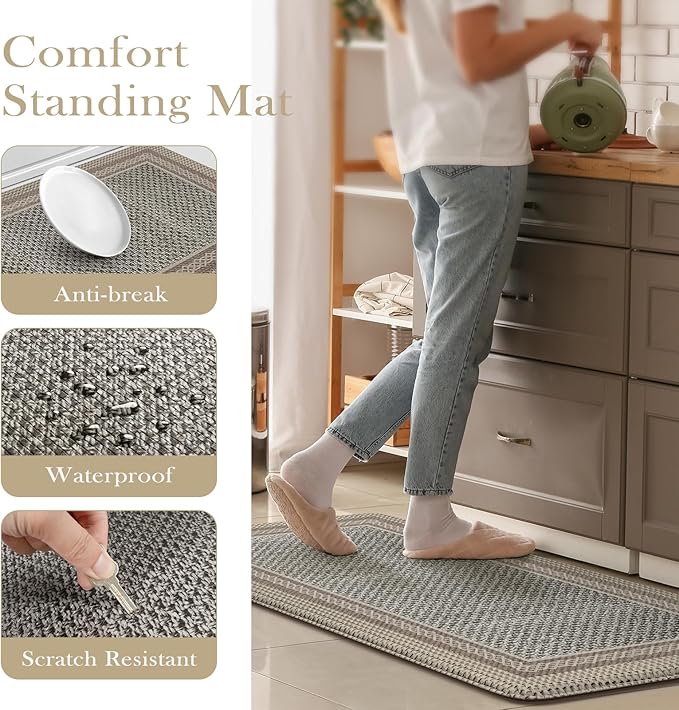 Kitchen Mats for Floor 2 Piece,Kitchen Floor Mats Cushioned Anti Fatigue,Farmhouse Kitchen Rugs Non Slip,Memory Foam Kitchen Mat for Kitchen Decor Office Laundry,Brown