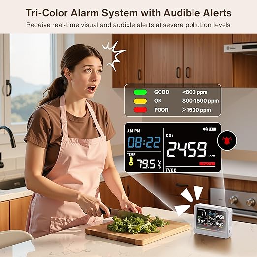 Upgrade 16 in 1 Air Quality Monitor Indoor 15h Battery & 5.5" Display 9 AQI+7 AQI Alerts, CO2 Monitor Air Quality Tester for CO2, TVOC, PM2.5 PM1.0 PM10, HCHO Temperature Humidity AQI & Time Air Meter
