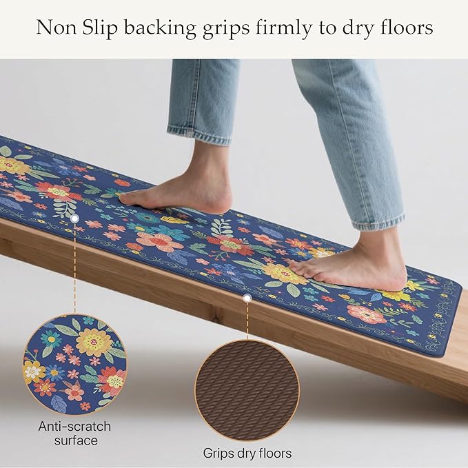 GENIMO Kitchen Mats for Floor 2PCS, Cushioned Kitchen Rugs Non Slip Washable, Farmhouse Anti Fatigue Mat Waterproof, Comfort Standing Mat Rug for Office, Home, Laundry, 17.3"x47"+17.3"x30", Navy