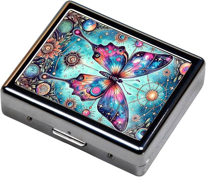 Silver Vintage Pill Box 7 Day Metal Pill Box with Mirror and 8 Compartments Cute Travel Pill Organizer for Purse (Blue Butterfly)