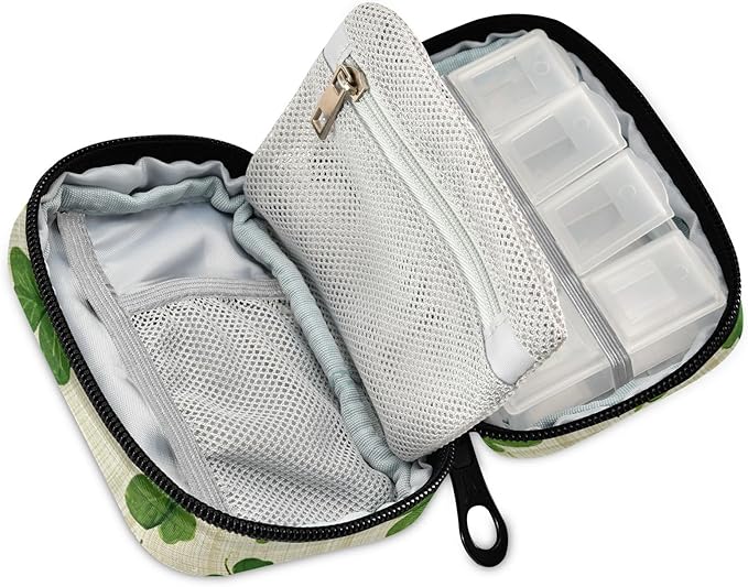 Beige Checkered Clovers Travel Pill Organizer Case Box Container Weekly Portable Vitamin Medicine Holder Storage Bag with Zipper Removable