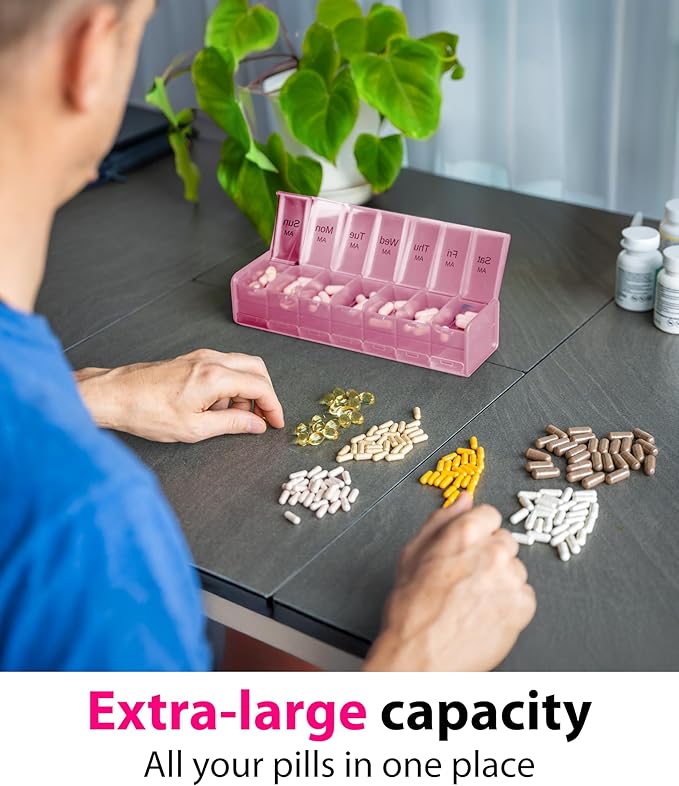 Extra Large Pill Organizer - XXL Vitamin Holder for Weekly Supplements - Double Sided Pill Box 7 Day with Big AM PM Compartments Huge Daily Medicine Dispenser 2 Times a Day Reliable and Easy-to-Use