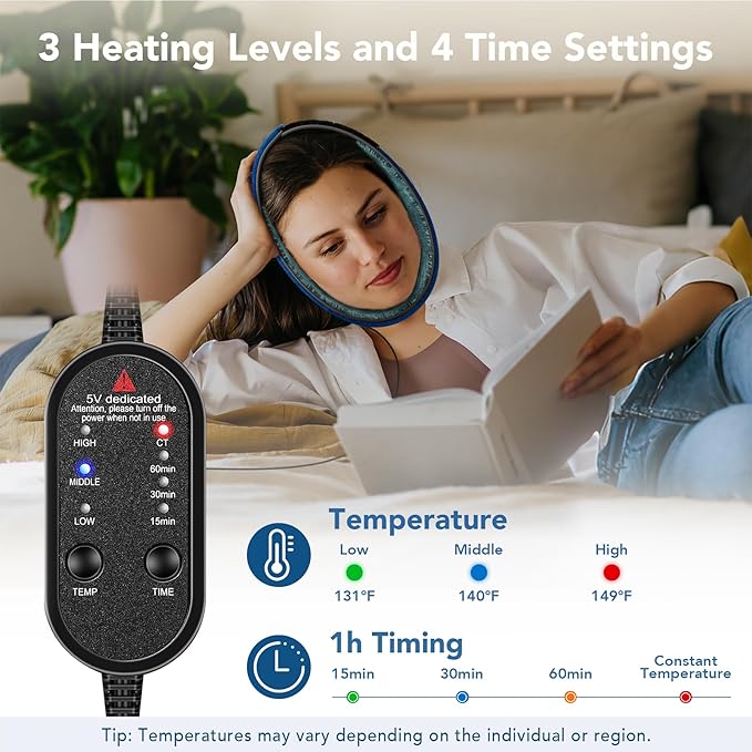 tmj Heating pad for jaw, tmj Relief Products jaw with 3 Heat and 4 Time Settings for TMD Chin Wisdom Teeth Issues, Oral and Facial Surgery (Deep Blue)