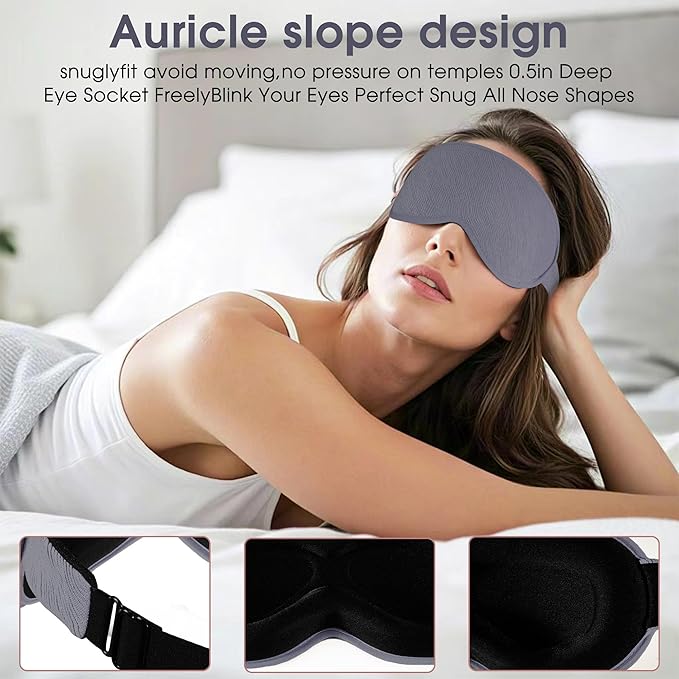 3D Sleep Mask for Side Sleepers Men & Women - Zero Pressure Eye Mask, Blackout Sleeping Mask with Soft Lycra Cotton, Light Blocking Blindfold for Travel, Nap & Night Sleep (Gray)