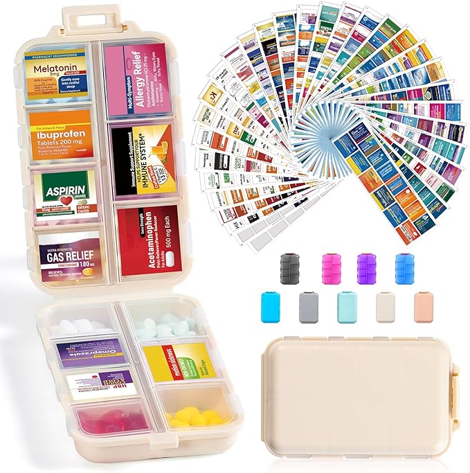 14 Grids Travel Pill Organizer Box with 415-Pcs Medicine Name Labels - Pocket Daily Pharmacy Case Container Kit - Travel Medication Holder Dispenser for Fish Oil Vitamin Supplement Storage - Khaki