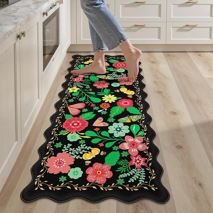 Scalloped Black Kitchen Mats for Floor Cushioned Anti Fatigue Kitchen Mats Rugs Waterproof Non Slip Farmhouse Boho Floral Comfort Foam Standing Mat for Sink Laundry, 17.3x47