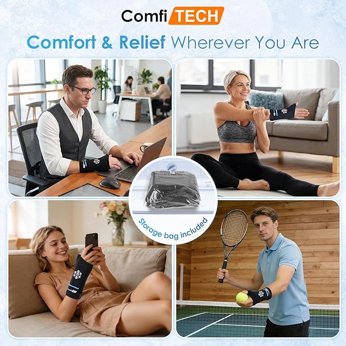 ComfiTECH Dual-Gel Wrist & Thumb Ice Pack Wrap with Extended 30-Min Cooling & Wider Coverage for Forearm, Detachable Cold Pack & Carpal Tunnel Hand Ice Sleeve for Better Putting On & Off, L