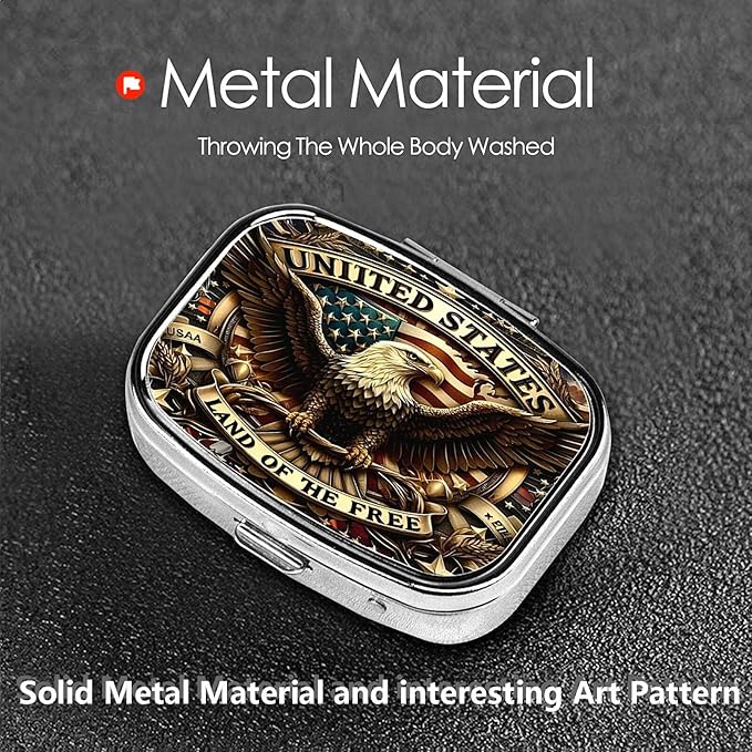 ABLESKY Pill Box, 2 Compartment Pill Organizer Case for Pocket or Purse, Small Portable Metal Travel Medicine Box with Mirror, Daily Vitamins Fish Oil Container-Patriotic Bald Eagle USA Flag