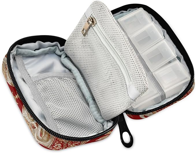 Red Retro Elephant Flowers Travel Pill Organizer Case Box Container Weekly Portable Vitamin Medicine Holder Storage Bag with Zipper Removable