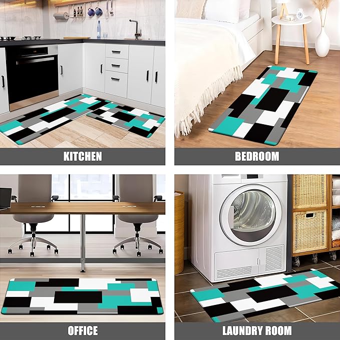 Teal Kitchen Rugs Set of 2 Cushioned Anti Fatigue Kitchen Mats for Floor Non-Slip Waterproof Kitchen Floor Mats Geometric Ergonomic Cushioned Comfort Standing Mat for Laundry, Office, Sink