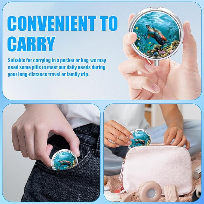 Sea Turtle Pill Case, Pill Box 3 Compartments Metal Small Pill Holder with Mirror Mini Travel Pill Container for Purse Pocket Women Men