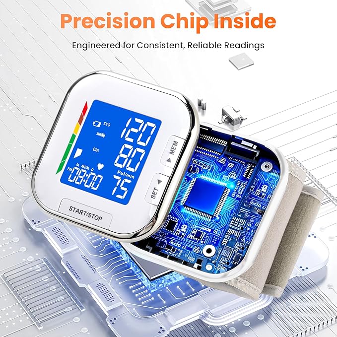 Blood Pressure Monitor Adjustable Wrist Cuff LCD Backlit Display BP Machine for Home Use Stores Up to 60 Readings Batteries Included with Carrying Case, White