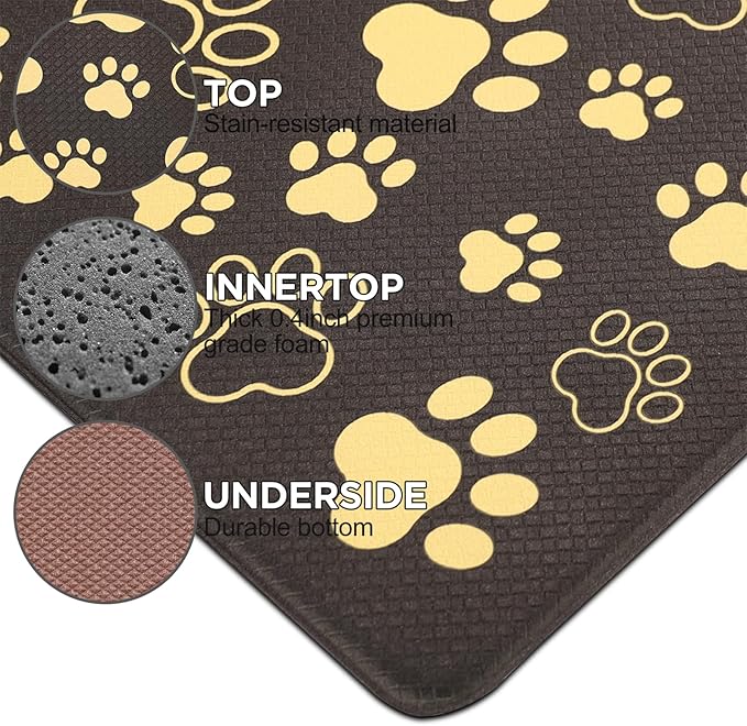 Black and Gold Kitchen Mats Cushioned Anti Fatigue Paws Print Kitchen Mats for Floor 2 Piece Waterproof Comfort Standing Mat for Desk, Sink, Stove, Laundry, 17"x30"+17"x47"