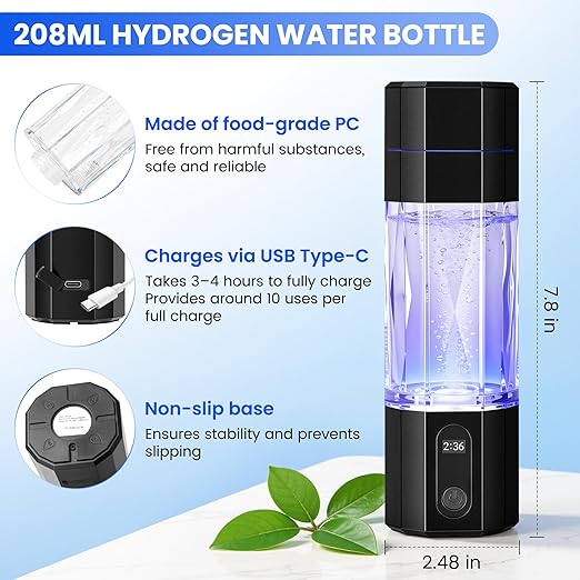 Hydrogen Water Bottle 10,000+PPB - PPB Molecular Hydrogen Infusion - SPE/PEM Technology (Black)
