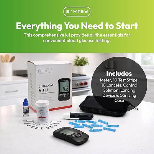 ARKRAY GLUCOCARD Vital Blood Glucose Meter Kit – Complete Glucose Monitoring System with Meter, 10 Test Strips, 10 Lancets, Control Solution, Lancing Device & Carrying Case