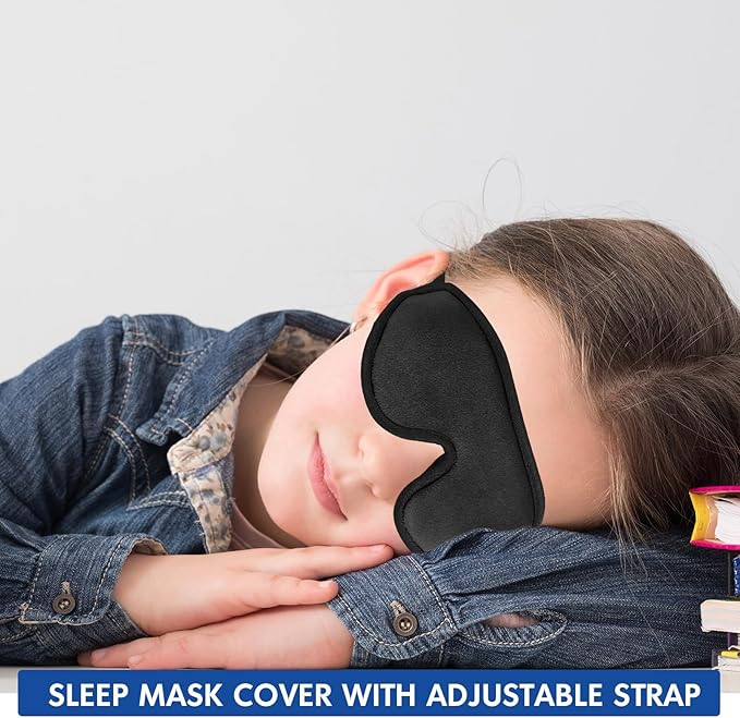 Coume Sleep Mask for Kids 3D Light Block Sleeping Blindfold Memory Foam Contoured Eye Mask with Adjustable Strap Zero Pressure Eye Cover for Boys Girls for Travel Home Office Meditation(Black)