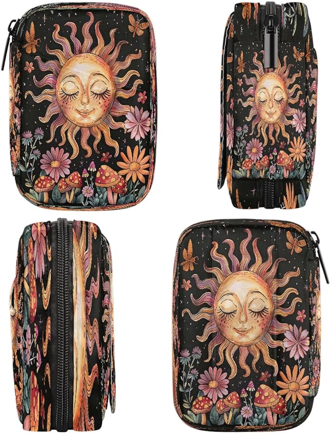 Flowers Sun Mushroom Butterfly Travel Pill Organizer Box Weekly Portable Pill Case Daily Pills 7 Day Small Birth Control Pills Container Removable Compartments for Medicine Vitamins Fish Oil
