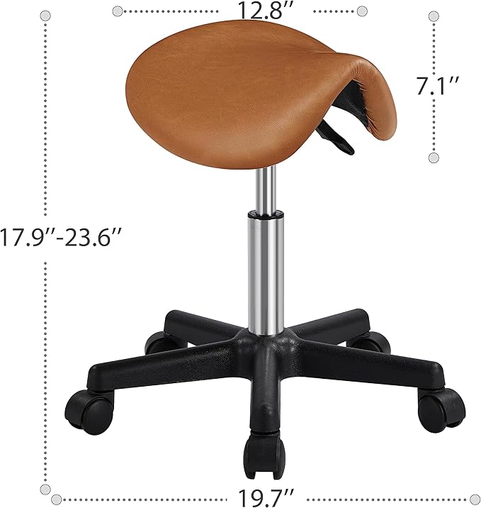 Yaheetech Saddle Stool Rolling Saddle Chair with Wheels Swivel Adjustable Stool for Hair Stylist/Lash Tech PU Leather Tattoo Massage Chair, Retro Brown
