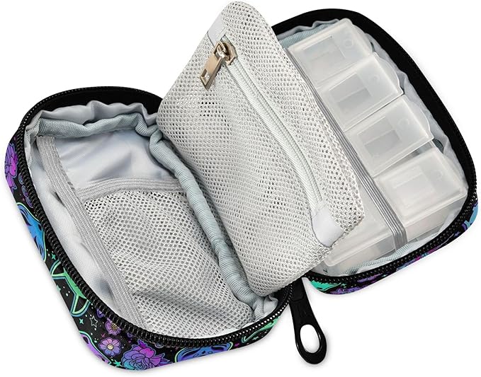 Travel Pill Organizer Bag Weekly Pill Organizer Case Psychedelic Fox Camellia Purple Portable Small Daily Pill Boxes for Vitamin Fish Oils Supplement Holder with Zipper Compact Size