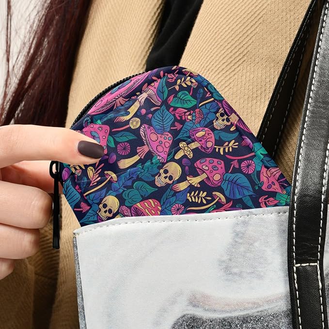 Fustylead Bright Psychedelic Mushrooms Plants and Skull Travel Pill Organizer Case Zipper for Purse with Removable Weekly Pill Box for Medicine, Vitamin, Supplement Medicine Organizer