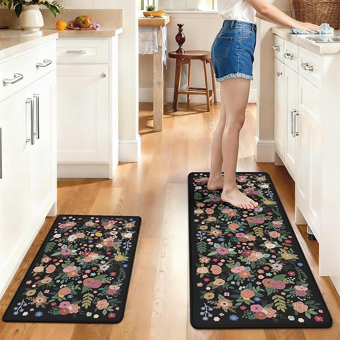 Anti Fatigue Boho Kitchen Rugs Set of 2, Floral Kitchen Mats for Floor, Farmhouse Kitchen Decor, Anti-Slip and Anti-Fatigue Foam Standing Mat,17x30 inch Sink Mat+17x48 inch Runner Rug Black