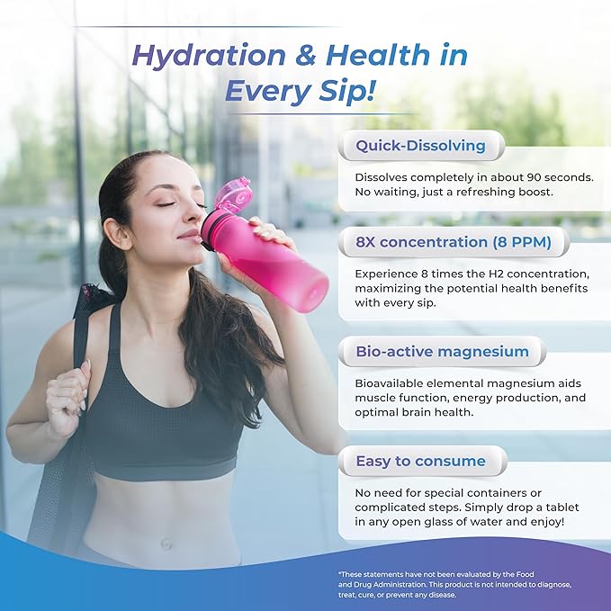 Wellness Extract H2 Molecular Hydrogen Water Tablets with effervescent Technology for Healthy Hydration, Optimal Energy, and Metabolism Support; 8 PPM. (60, Unflavored)