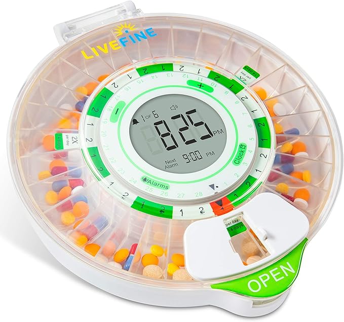 Live Fine 28-Day Automatic Pill Dispenser with Upgraded LCD Display, Key Lock, Sound & Light for Prescriptions, Medication, Vitamins, Supplements & More