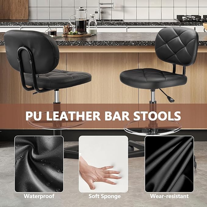 Leather Drafting Stool Chair with Ergonomic Backrest & Footrest, Padded Seat Adjustable Height 360° Swivel Rolling Stools, Tall Office Chair for Standing Desk, Shop, Drawing, Black, 2 Pack