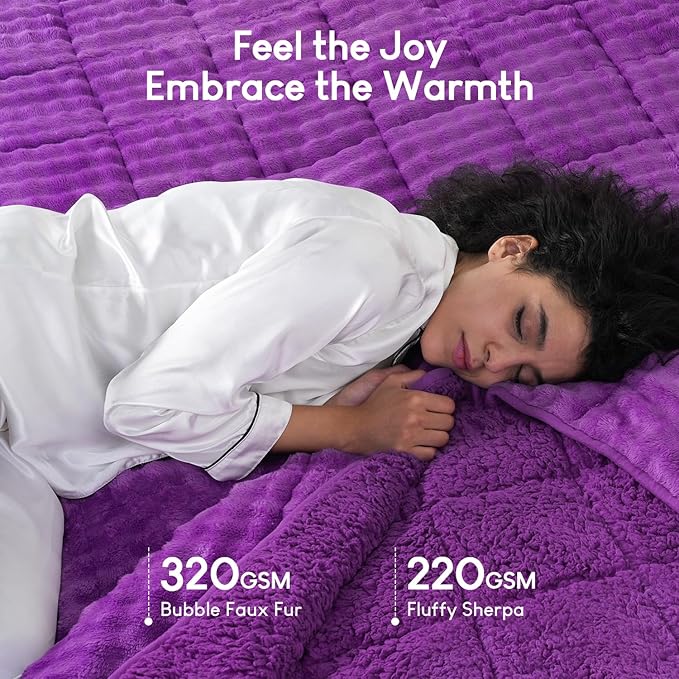 Cottonblue Weighted Blanket 15lbs Bubble Fleece Plush Sherpa Heavy Weighted Blankets for Adults, Fits Queen Size Bed, Cute Fuzzy Warm Heavy Blanket for Calm and Better Sleep, 60"x80", Purple