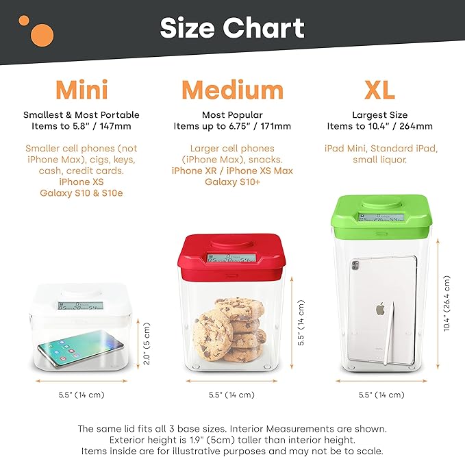 Phone Lockbox & Snack Lock Box with Timer (XL) - KSafe Timed Lock Box for Cell Phones, Food - Kitchen Safe Time Locking Container for Habit Formation (Red Lid + 12.3” Clear Base with Access Port)