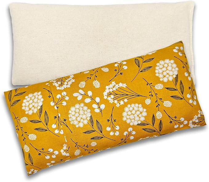 100% USA Handmade, Washable Cotton Eye Pillow 9", Moist Heat Eye Compress, Unscented Hot/Cold Therapy Pack (Mustard Floral, Rice)