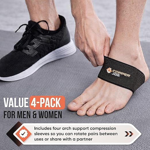 Copper Joe 4-Pack Arch Support Compression Sleeves for Plantar Fasciitis & Flat Feet – Flexible Foot Arch Support Band, Arch Support Inserts for Women & Men