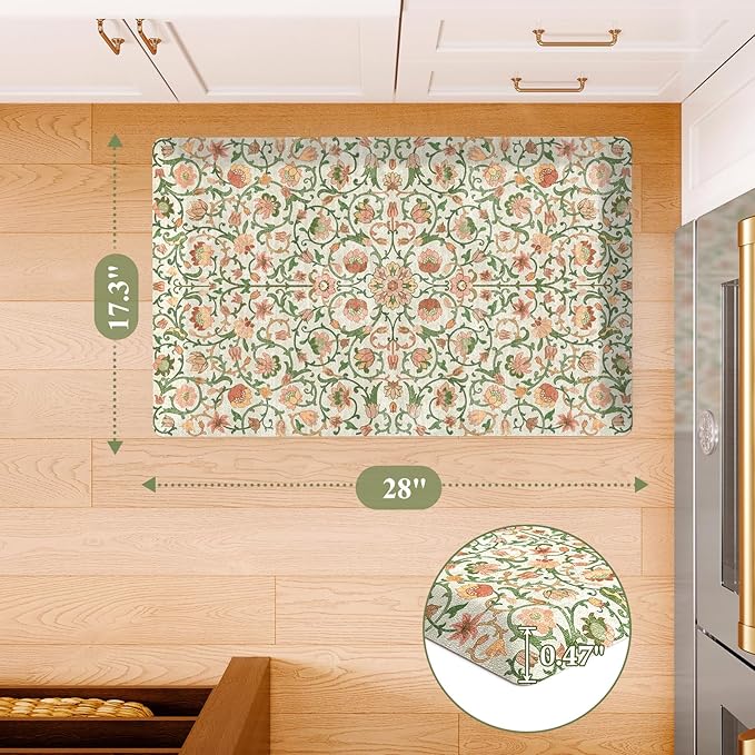 KIMODE Padded Kitchen Floor Mats Cushioned Anti Fatigue,Comfort Memory Foam Ergonomic Standing Carpet for Office Desk,Boho Vintage Sink Rug Non Slip for Laundry,Green/Orange 17.3"x28"