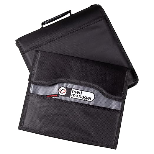 Med Manager Medicine Organizer and Portable Medical Binder, Holds (15) Pill Bottles - (11) Standard Size and (4) Large Bottles, Includes Removable 5-Tab File Folder, Black, 14 x 14 x 4 inches