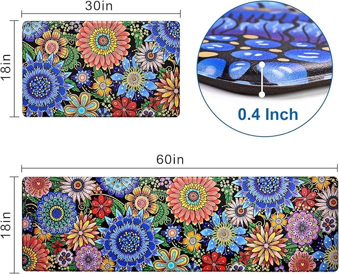 Likiyol Boho Kitchen Rugs, Boho Floral Anti Fatigue Kitchen Mat for Floor, Bohemian Flowers Non Slip Washable Kitchen Floor Mats, Comfort Standing Mat, 18'' x 30'' + 18'' x 60''