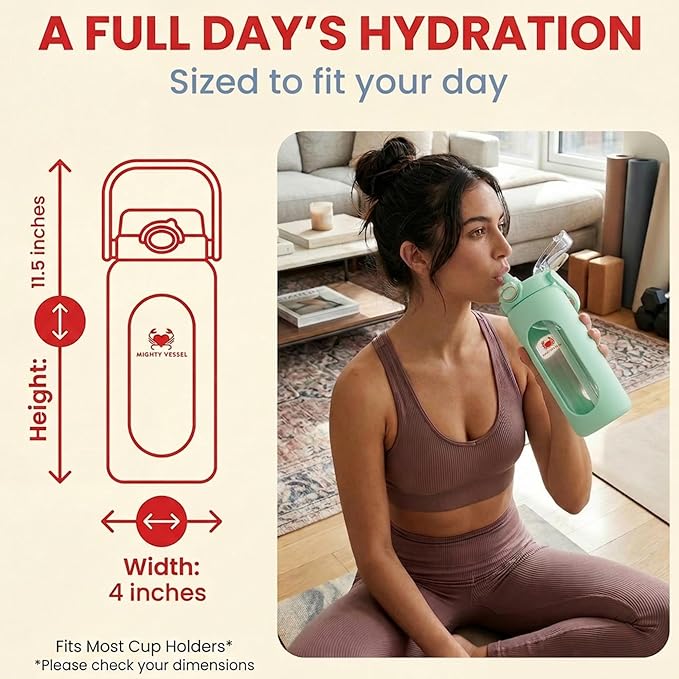 32 oz Glass Water Bottle – Light Green | Borosilicate with Time Markers, Flip Straw & Silicone Sleeve – Compact Leakproof Hydration for Travel or Office