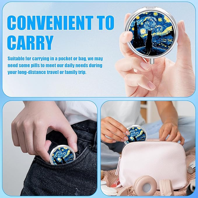 Starry Night Cat Pill Case, Pill Box 3 Compartments Metal Small Pill Holder with Mirror Mini Travel Pill Container for Purse Pocket Women Men
