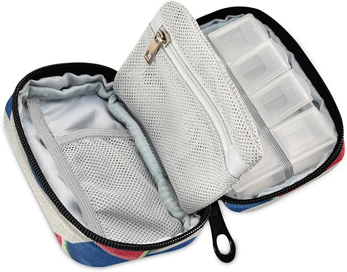 Bright Blue Waves Watermelon Slices Travel Pill Organizer Case Box Container Weekly Portable Vitamin Medicine Holder Storage Bag with Zipper Removable