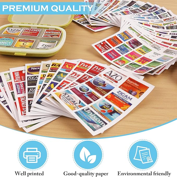 482Pcs Medicine Stickers for Pill Organizers, Quality Travel Daily Medication Organizer Stickers of Brands, 47 Sheets Pill Box Lables Stickers