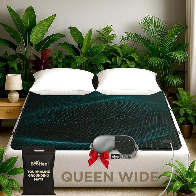 Luxury Tourmaline Grounding Mat Queen Wide 59” x 54” for Bed & Sofa – PU Leather Conductive Surface, Quality Certified, Includes Silver Sleep Mask & 15ft Cord