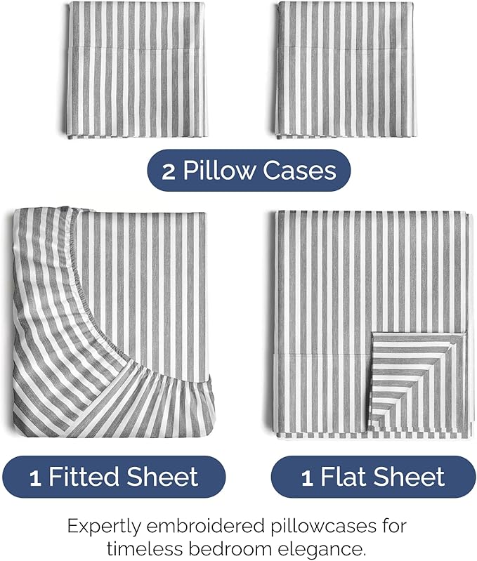 King Size 4-Piece Sheet Set - Extra Soft, Breathable & Cooling - Hotel Luxury Durable Bed Sheets - Deep Pockets, Easy-Fit & Wrinkle-Free - Grey Stripes Oeko-Tex