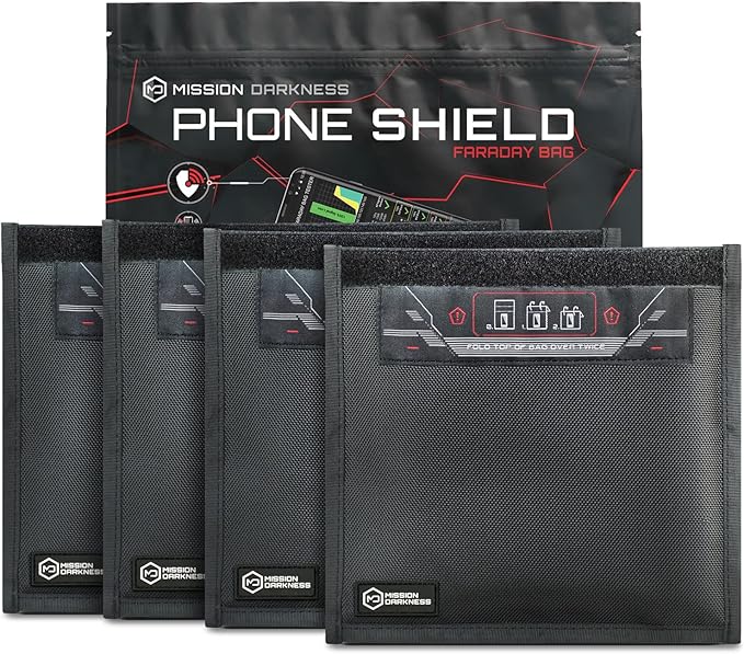 Mission Darkness Non-Window Faraday Bag for Phones (4-Pack) // Signal Blocking Bag Prevents Hacking Tracking Spying, Device Shielding for Law Enforcement Military Digital Forensics, EMP CME Protection