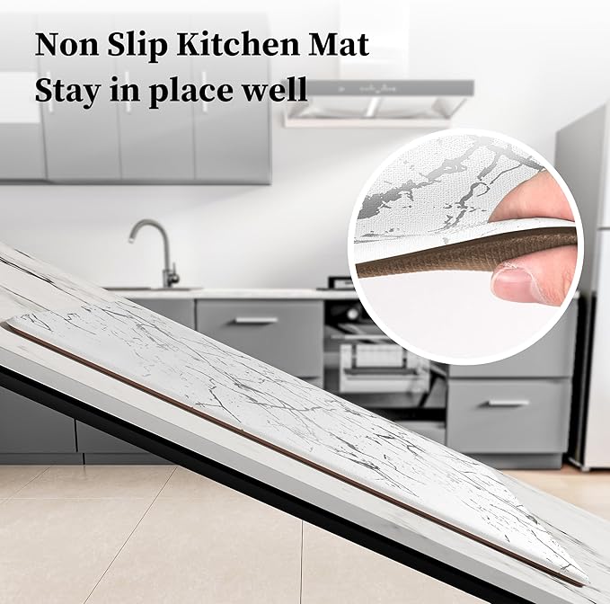 Silver Foil Stamped Marble Kitchen Mats for Floor 2PCS Cushioned Anti Fatigue Non Slip Waterproof Comfort Leather Kitchen Rugs 2/5 Inch PVC Kitchen Mats for Sink, Laundry, 17.3"x28"+17.3"x59",White
