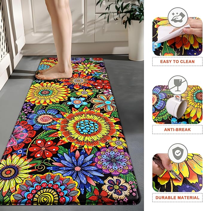 Likiyol Boho Kitchen Rugs, Boho Floral Anti Fatigue Kitchen Mat for Floor, Bohemian Flowers Non Slip Washable Kitchen Floor Mats, Comfort Standing Mat, 18''x30''+18''x48''+18''x60'', Yellow