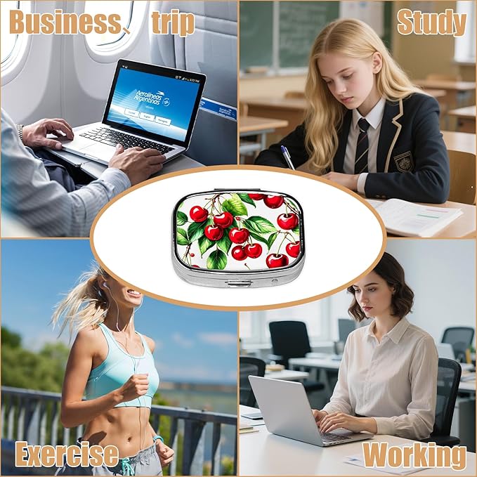 Pill Box-2 Compartment Small Pill Case Square Organizer Case with Mirror Portable Metal Medicine Box Travel Container for Pocket & Purse Women Men(Cherry)