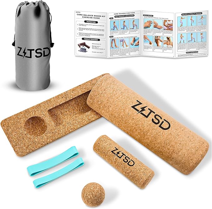 Natural Cork Balance Board Kit - 4-in-1 Foot & Ankle Training Set with 2 Balance Boards,Mini Roller, Massage Ball & Toe Resistance Bands - Portable Balance Trainer for Runners, Athletes & Seniors - Tan