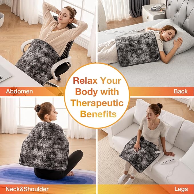 Woomer Heating Pad for Back Pain Relief, Extra Large Electric Heating Pad for Period Cramps, Moist&Dry Options, 6 Heat Setting, 2H Auto-Off, Cozy Faux Fur, 20” x 24”, Marble Grey